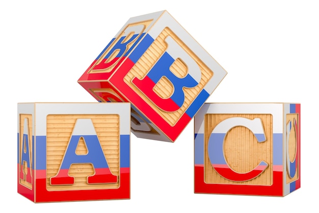 ABC-Würfel mit der russischen Flagge 3D-Rendering isoliert auf transparentem Hintergrund