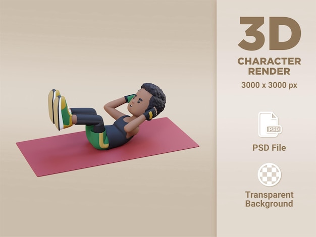 Abdominales perfectos Personaje deportivo masculino en 3D que sobresale en el crujido de piernas levantadas en el gimnasio