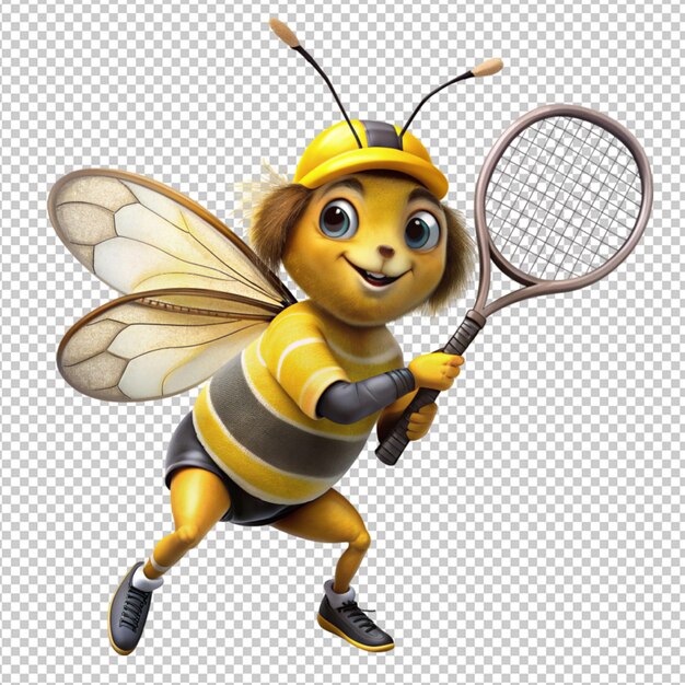 PSD une abeille de dessin animé tenant des raquettes de tennis sur un fond transparent