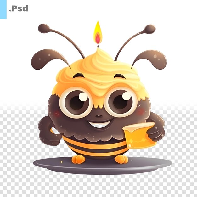 PSD abeja de dibujos animados con una taza de café plantilla de psd de ilustración vectorial