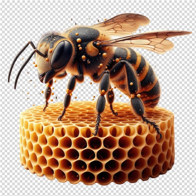 PSD una abeja está de pie en un panal con los puntos amarillos
