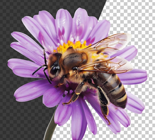 PSD abelha em uma delicada margarida roxa em um fundo transparente