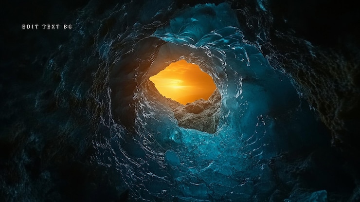 PSD la abertura de la cueva de hielo iluminada por el sol con vibrantes tonos azules y naranjas