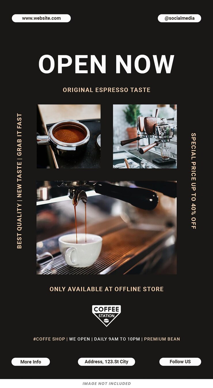 PSD abierto ahora cafetería branding plantilla de historias de instagram diseño psd