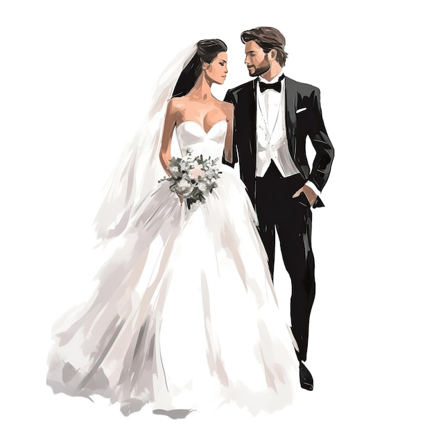 Abito da sposa bianco da sposa con abito nero da sposo sfondo trasparente illustrazione png ai generato Happy Wedding png illustrazione