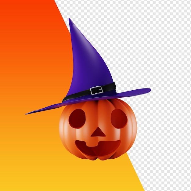 PSD abóbora de halloween de renderização 3d com chapéu de bruxa