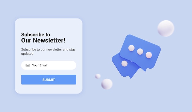 PSD abonnez-vous au modèle de bannière de newsletter bulles inscription sur le forum abonnement aux nouvelles et promotions marketing par e-mail en ligne et page web d'entreprise maquette d'interface utilisateur rendu 3d