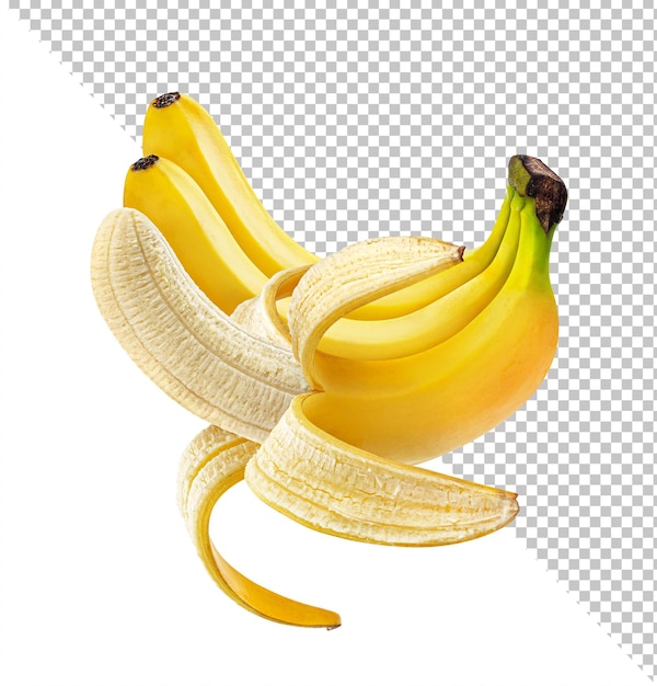 PSD abra a banana descascada isolada no fundo branco