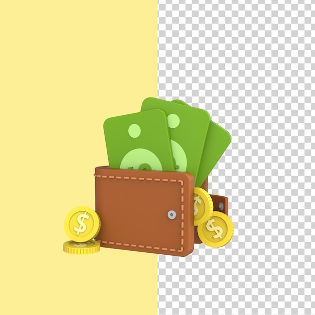 Abra a carteira com dólares e moedas 3D rendem o fundo amarelo do modelo isolado.
