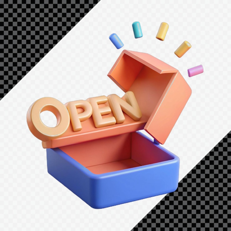 PSD abre una caja con letras 3d y confeti de colores