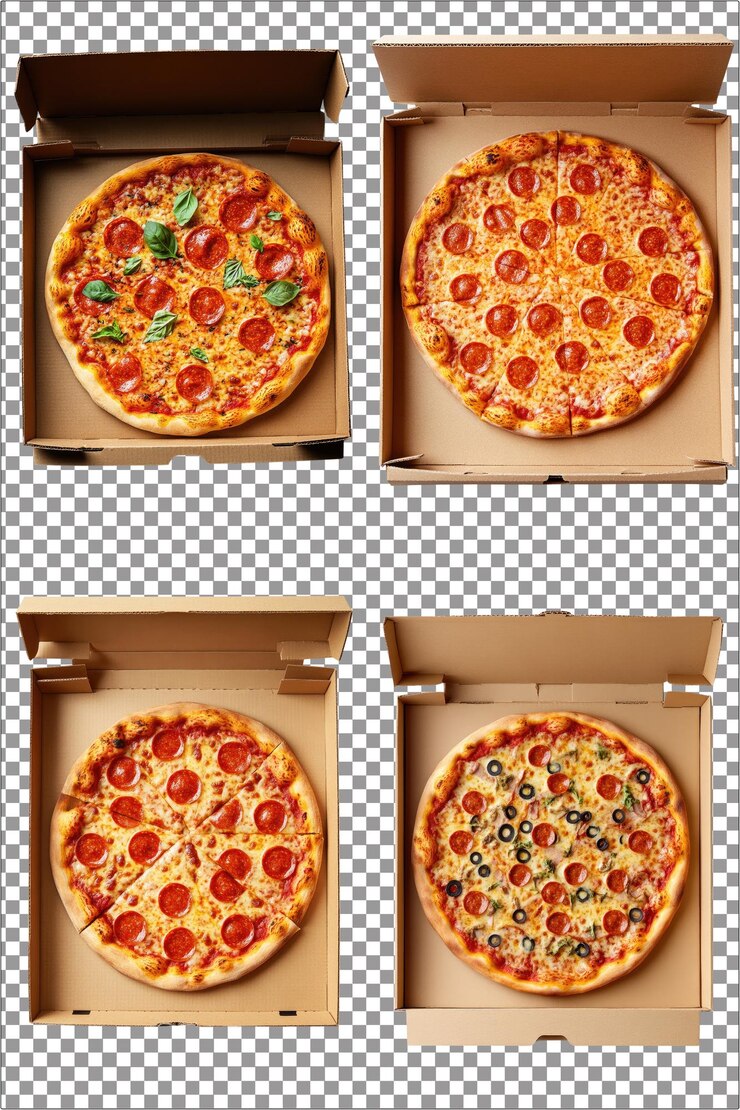 Abre la caja de la pizza simulando el embalaje vacío y listo PNG aislado hiperrealista con transparente claro