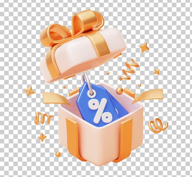 Abre una caja de regalo blanca con el icono del cupón de descuento concepto sorpresa fondo de ilustración 3D