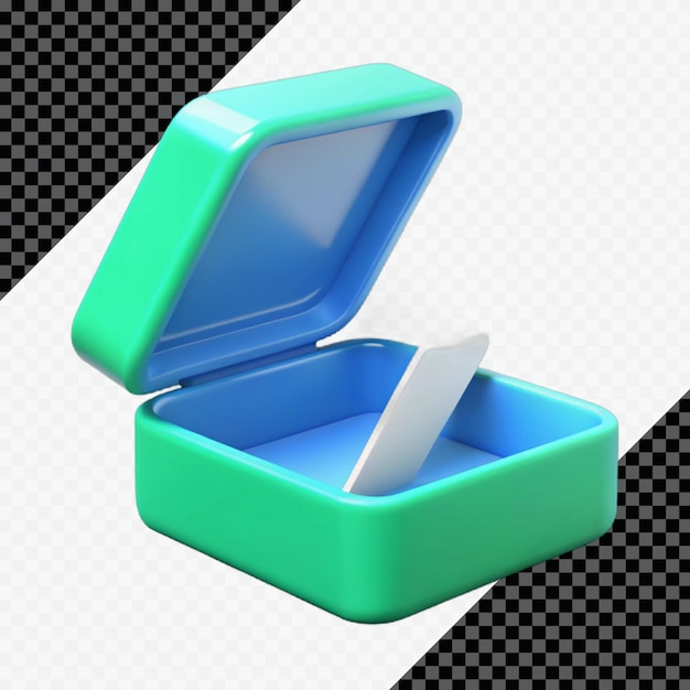 Abre una caja verde y azul renderizada en 3D con interior blanco
