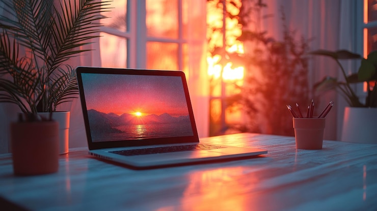 PSD abre la computadora portátil con la imagen del atardecer en la pantalla en un escritorio blanco con plantas y lápices