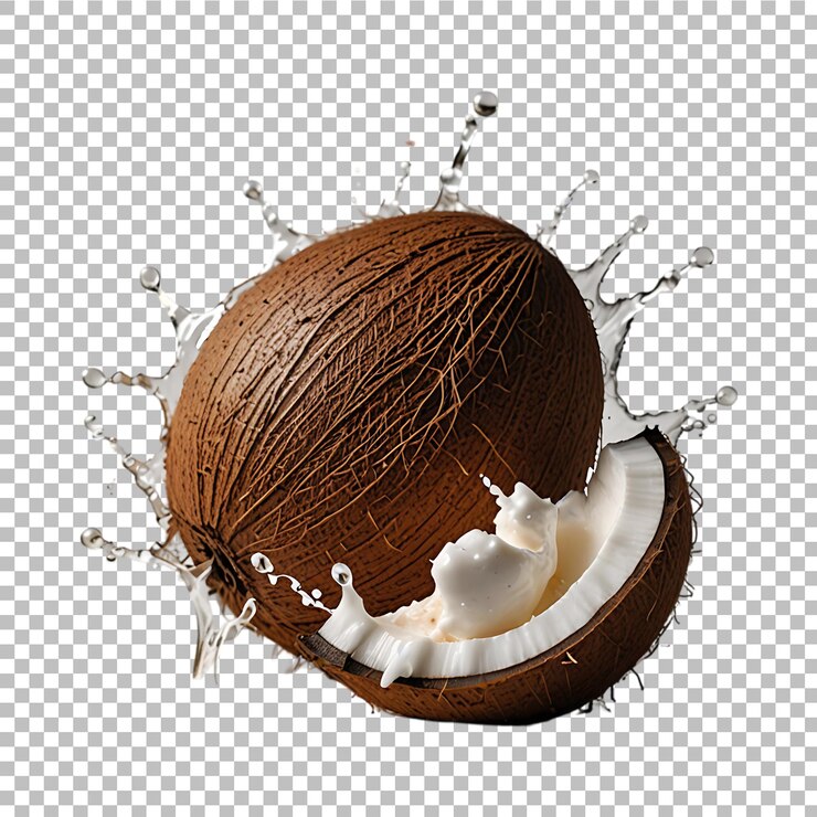 PSD abre la leche de coco salpicando en tropical sobre un fondo transparente ai generativo