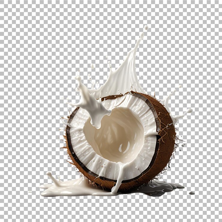 PSD abre la leche de coco salpicando en tropical sobre un fondo transparente ai generativo