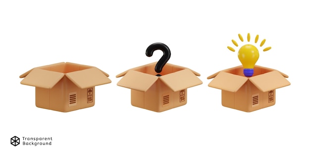 abrir caja de cartón con icono de idea de bombilla y icono de caja de misterio 3D render concepto de la caja de conocimiento icono