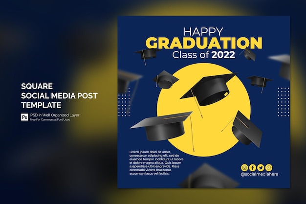 Abschluss-Ende der Schule Quadratische Social-Media-Beitragsvorlage mit 3D-Render-Ornamenten