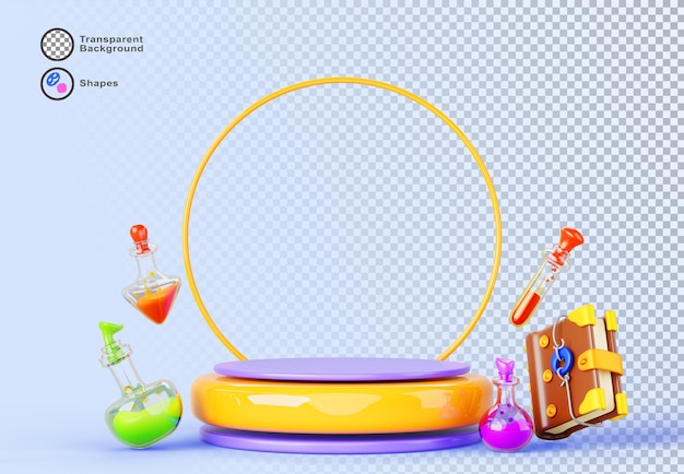 Abschlusszeremonie in der Zauberschule 3D-Rendering Preispodium mit goldem Rahmen Zauberspruchsbuch und Trankflaschen im Hintergrund Leere runde Bühne für den Gewinner Zauberer Halloween Cartoon-Banner