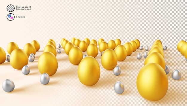 Abstract 3d background perspective of gold and silver eggs Business finance and wealth concept sale banner Easter landscape with luxury golden large and metal small eggs pattern