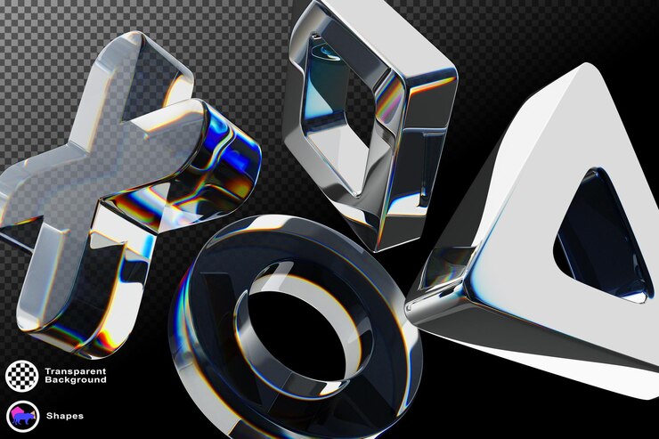 PSD abstract 3d fundo preto com vidro holográfico transparente círculo geométrico quadrado triângulo mais formas render crystal arco-íris gradiente luz de dispersão bandeira de tecnologia digital