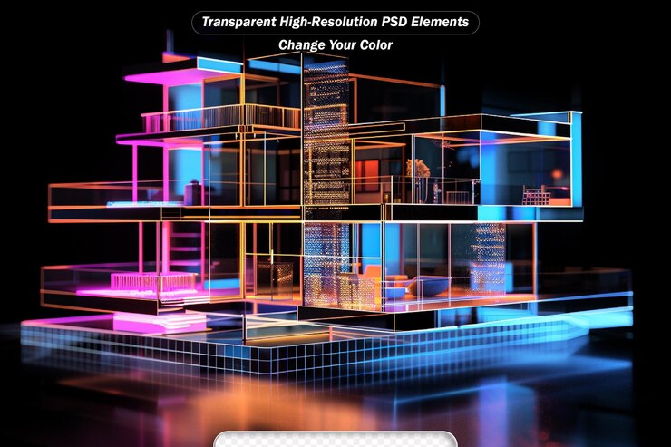 PSD abstract architectural concrete and white interior of a minimalist house with color gradient neon lighting