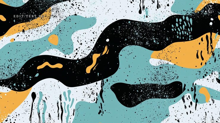 PSD abstract art with teal black and mustard yellow wavy shapes on a textured white background