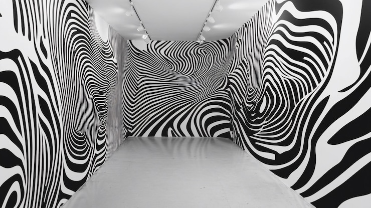 PSD abstract black and white art gallery interior with optical illusion walls
