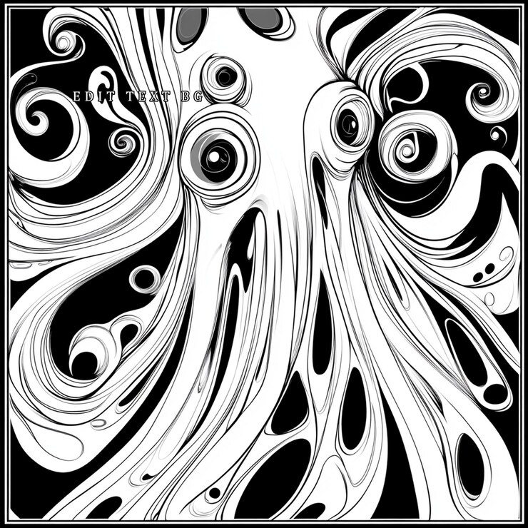 PSD abstract black and white illustration of an octopus with swirling tentacles