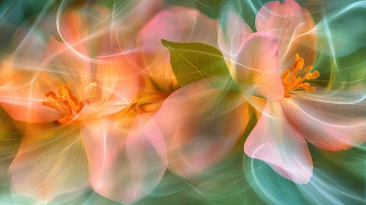 PSD abstract close-up onirico di due delicati fiori di pesco con sfondo vorticoso sfocato