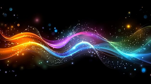 abstract colorful glowing waves with sparkles on a black background