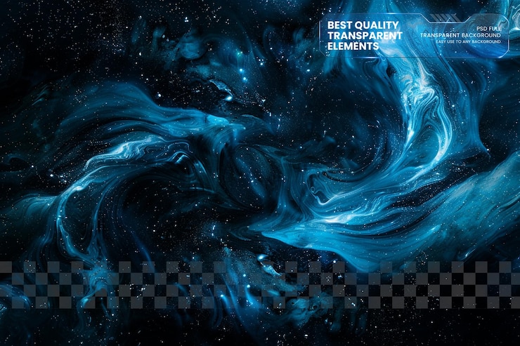 PSD abstract cosmic liquid ocean con notte stellata e swirling blue su sfondo trasparente