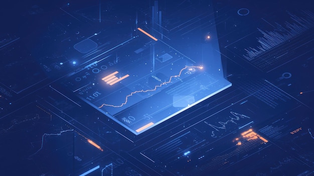 Abstract digital data visualization with glowing lines and charts in a 3D space