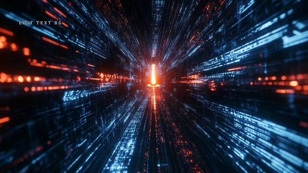 Abstract digital tunnel with glowing lines and data streams in blue and orange