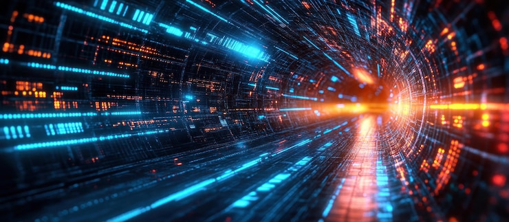 PSD abstract futuristic tunnel with blue and orange light streaks