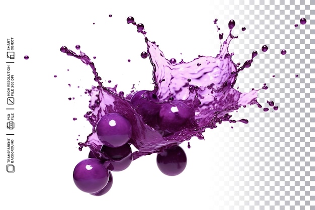 abstract grape color droplets splash swirl on transparent layer in psd