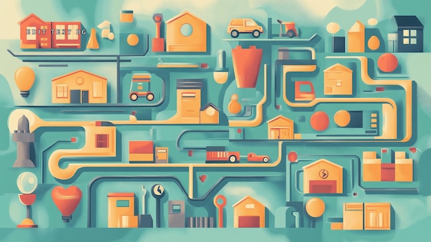 Abstract illustration of a citys infrastructure depicting buildings transportation and utilities interconnected like a network