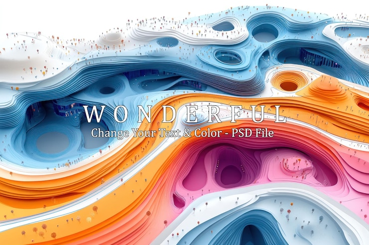 PSD abstract landscape with layered curves holes and small figures in blue orange pink and white