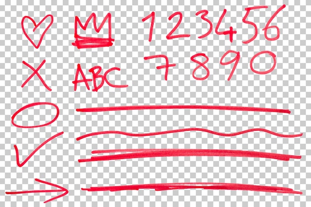 Abstract red doodle scribble set líneas dibujadas a mano corazón flecha marca de comprobación números resaltar círculo recortar elementos de diseño