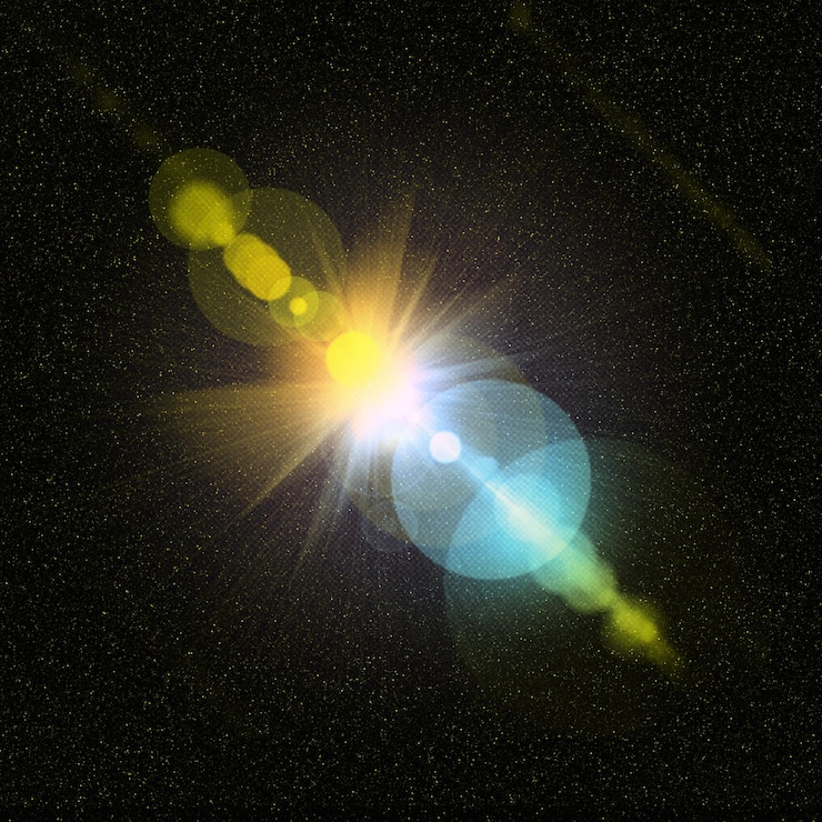 PSD abstract sun burst digital flare iridescent glare su sfondo nero