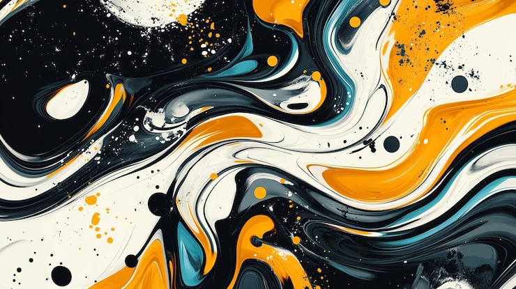 PSD abstract swirling marble texture with black orange white and teal colors and paint splatters
