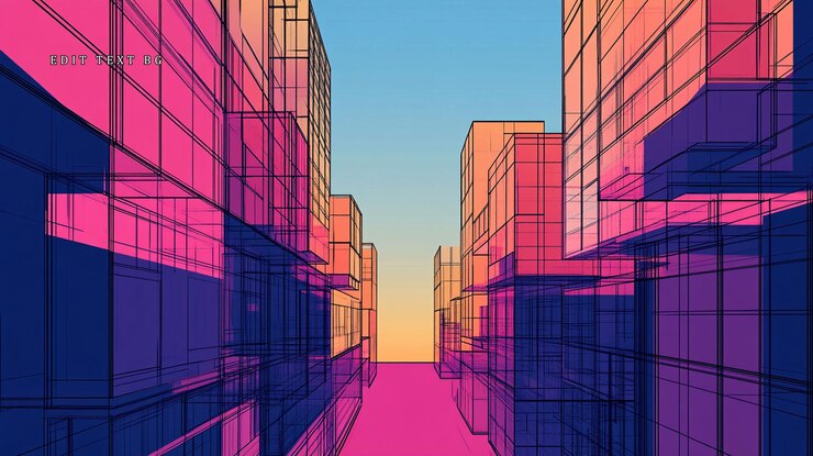 PSD abstracto colorido horizonte de la ciudad con edificios vibrantes y una calle rosa