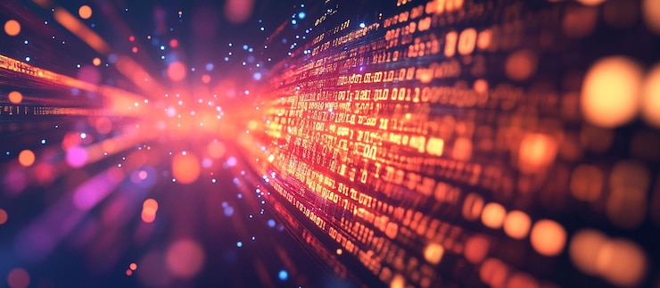 PSD abstracto corriente de datos digitales partículas brillantes fondo de tecnología de código binario