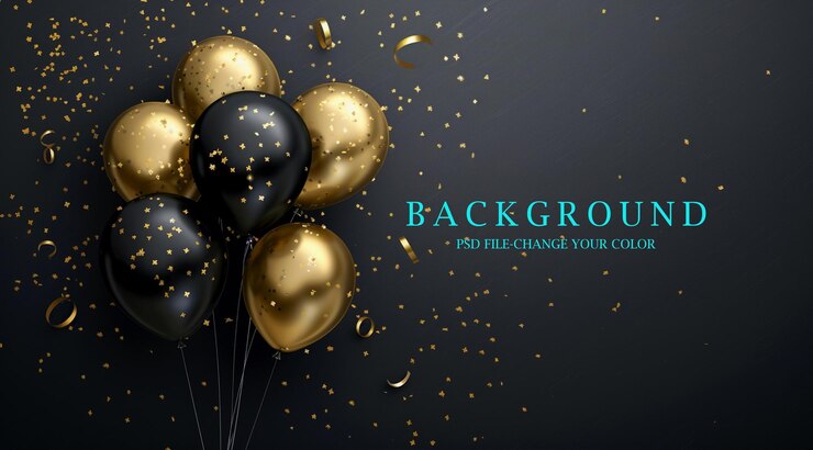 PSD abstracto diseño de fondo de celebración de lujo negro y dorado con globo