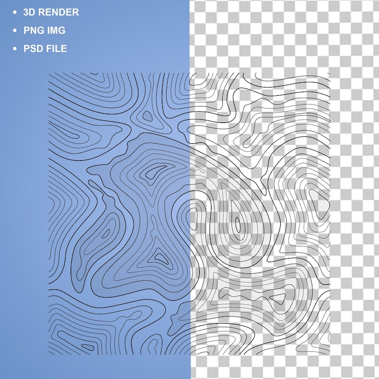 PSD abstracto diseño de mapas topográficos - líneas de contorno en fondo azul y transparente