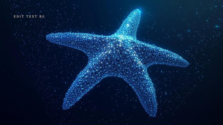 PSD abstracto estrella de mar azul brillante líneas poligonales fondo oscuro