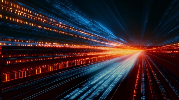 Abstracto flujo de datos digitales líneas brillantes y código acelerando a través de un túnel futurista