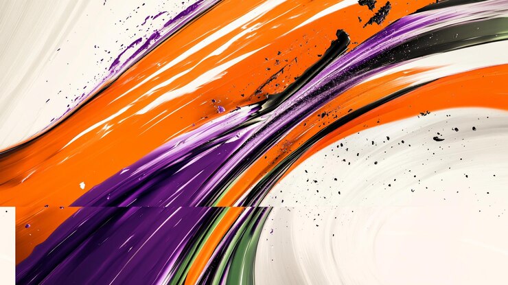 PSD abstracto girando púrpura naranja y trazos de pintura negra en fondo blanco