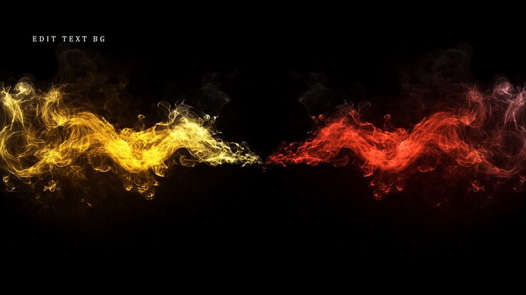 PSD abstracto humo ardiente girando en amarillo naranja y rojo contra un fondo negro