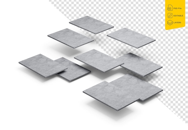 PSD abstracto painéis de concreto ou telhas levitação em fundo branco ilustração 3d